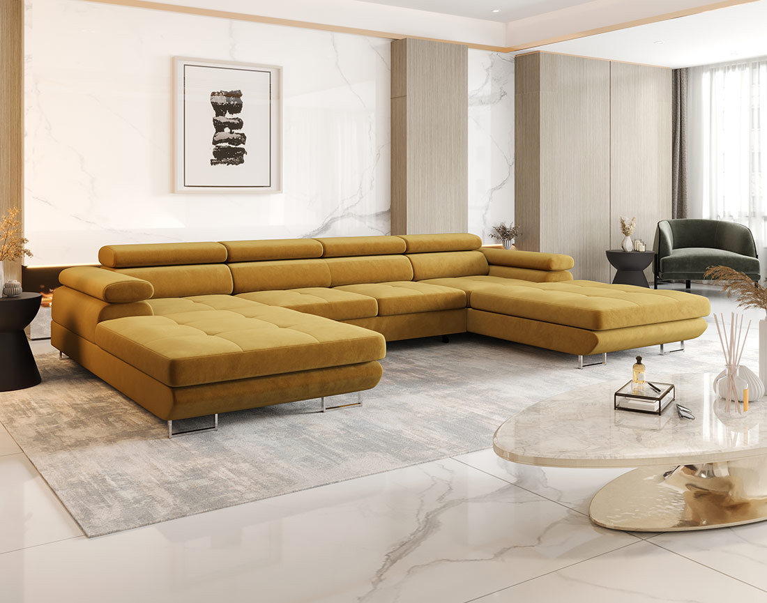 Canapé panoramique en U 7 places convertible avec coffre et têtières réglables en tissu Ayden