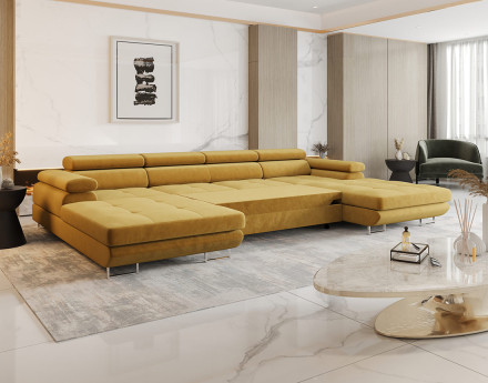 Canapé panoramique en U 7 places convertible avec coffre et têtières réglables en tissu Ayden