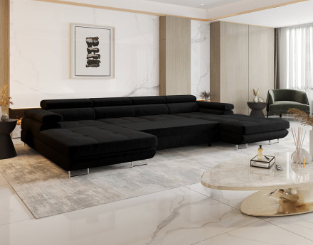 Canapé panoramique en U 7 places convertible avec coffre et têtières réglables en tissu Ayden