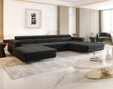 Canapé panoramique en U 7 places convertible avec coffre et têtières réglables en tissu Ayden