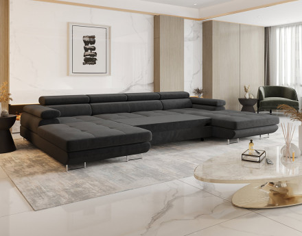 Canapé panoramique en U 7 places convertible avec coffre et têtières réglables en tissu Ayden