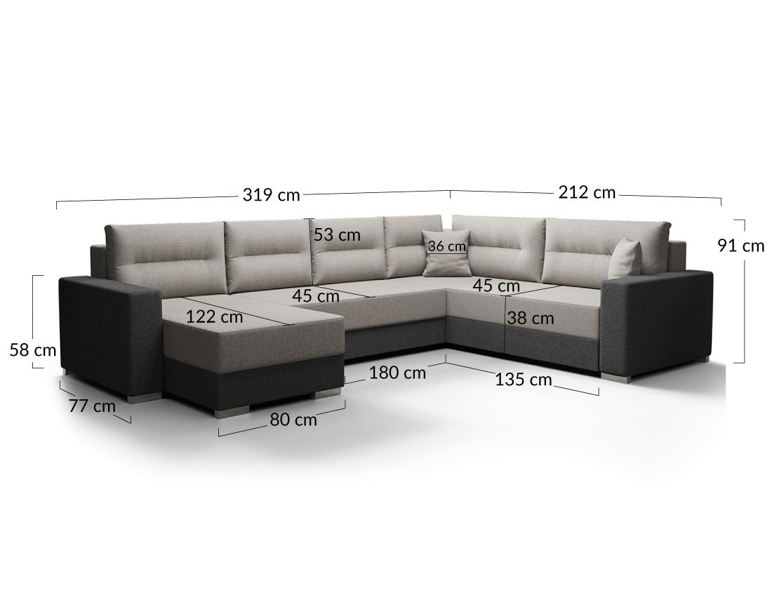 Canapé panoramique d'angle réversible 7 places convertible avec coffre en tissu Leslie