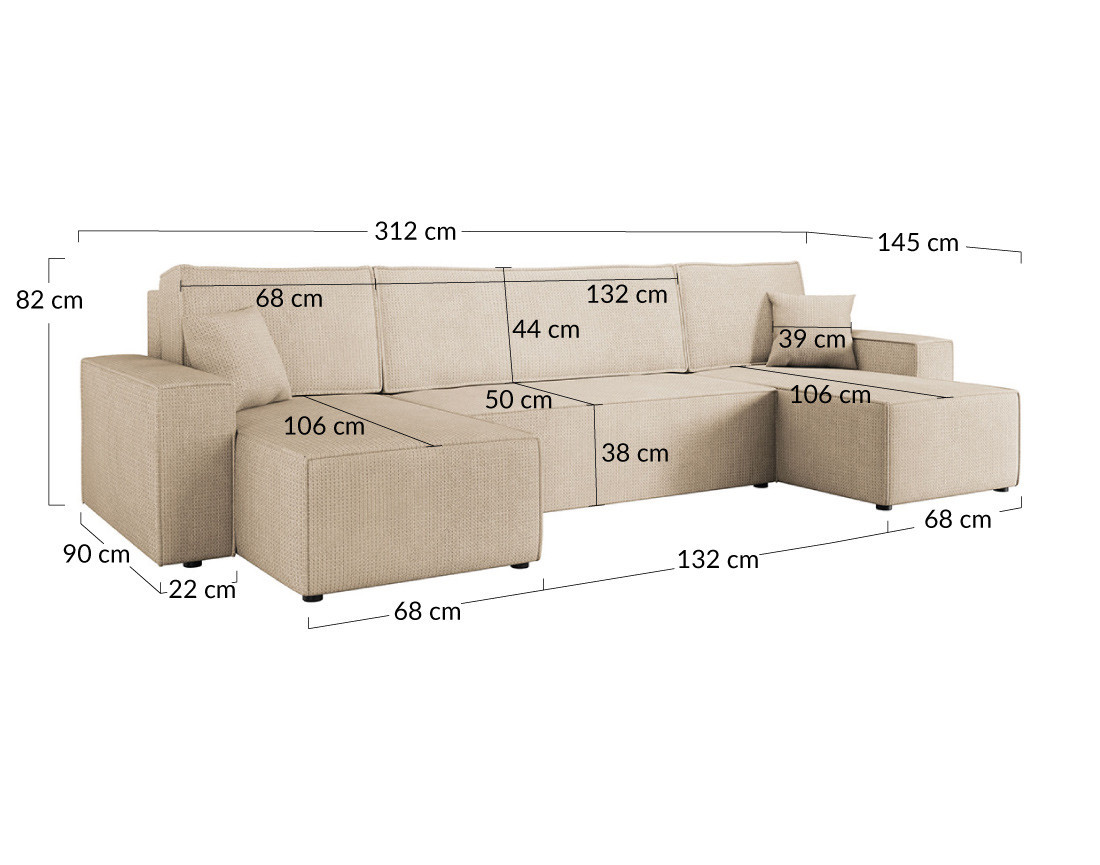 Canapé panoramique en U 7 places convertible avec coffre en tissu texturé Cezanne