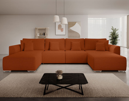 Canapé panoramique en U 7 places convertible avec coffre en tissu texturé Gabriel