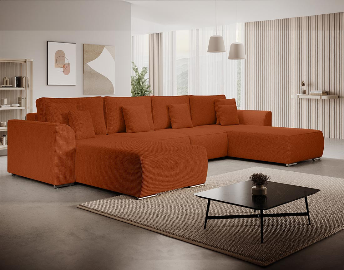 Canapé panoramique en U 7 places convertible avec coffre en tissu texturé Gabriel