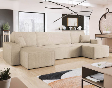 Canapé panoramique en U 7 places convertible avec coffre en tissu texturé Cezanne