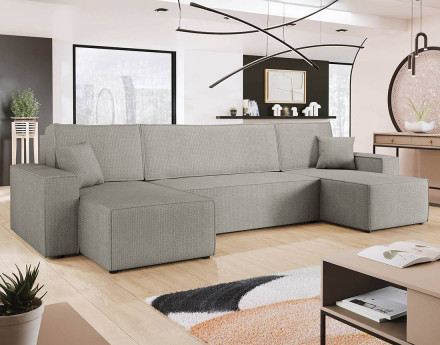 Canapé panoramique en U 7 places convertible avec coffre en tissu texturé Cezanne