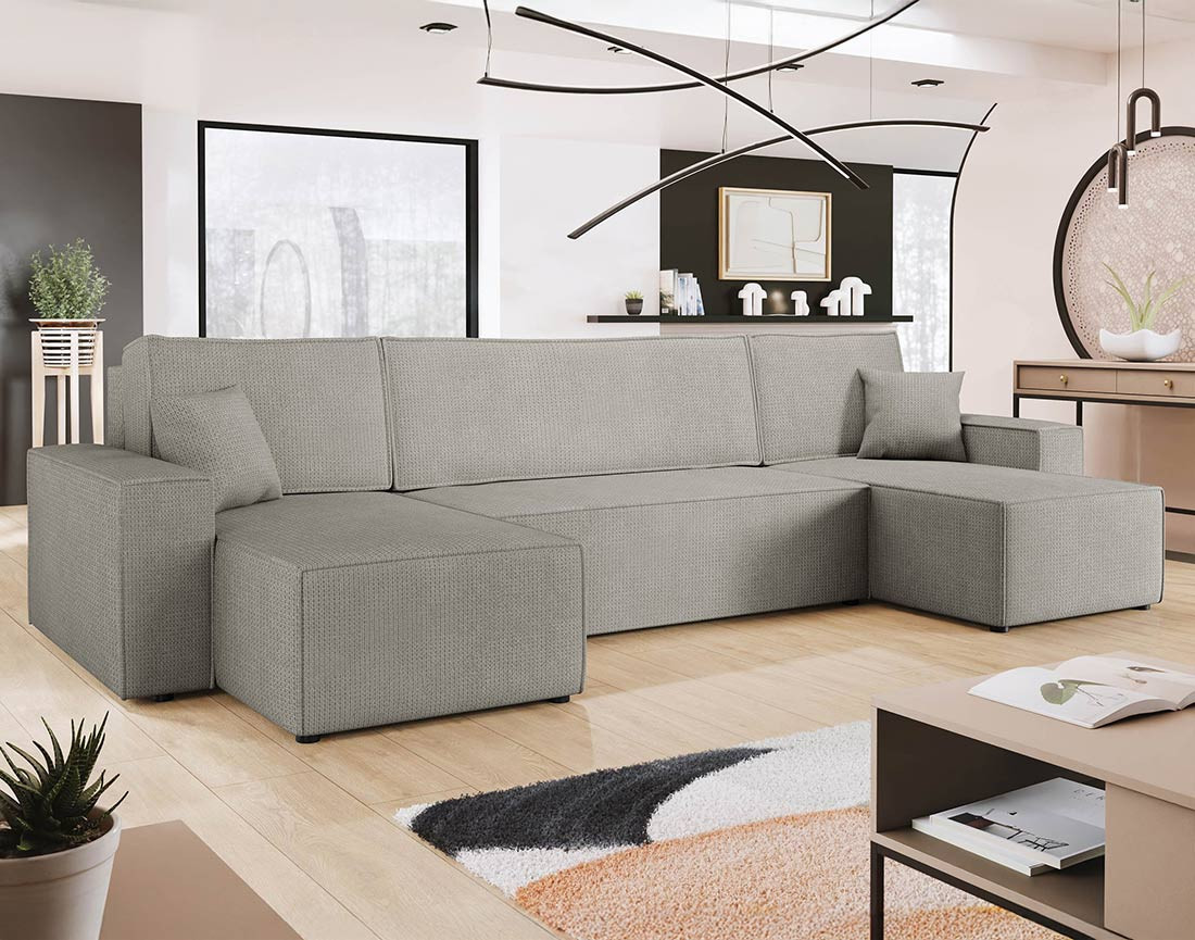 Canapé panoramique en U 7 places convertible avec coffre en tissu texturé Cezanne