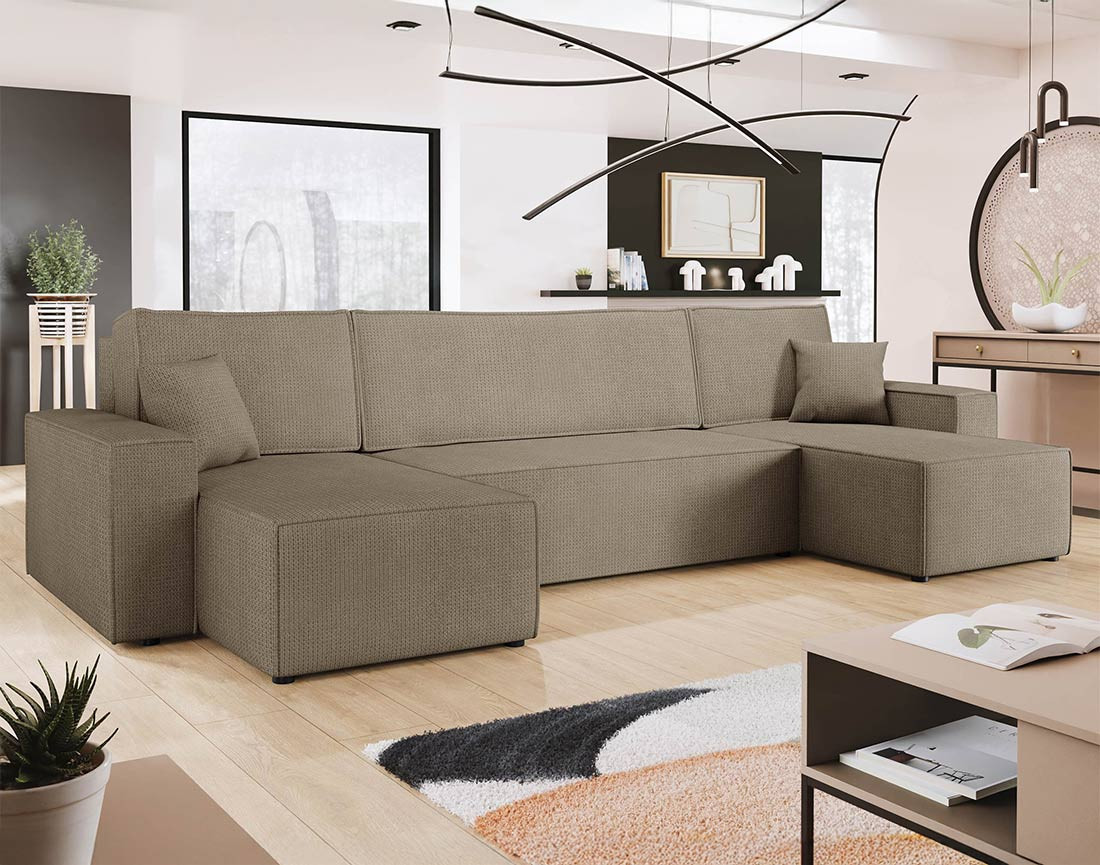 Canapé panoramique en U 7 places convertible avec coffre en tissu texturé Cezanne