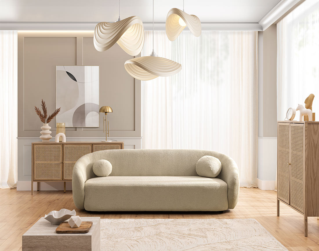 Canapé droit 3 places en tissu bouclette Flore