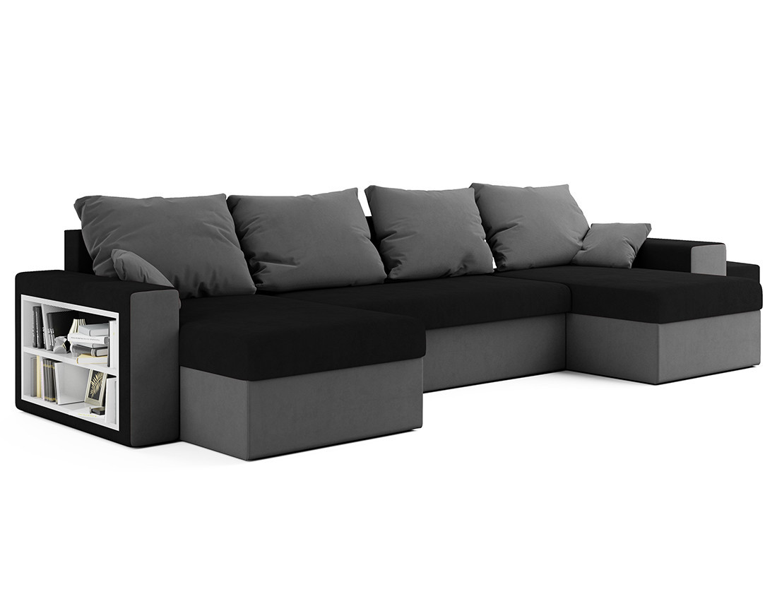 Canapé panoramique en U 7 places convertible avec coffre et tablette en tissu Jonah