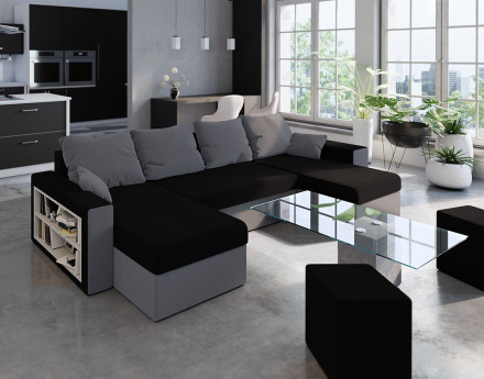 Canapé panoramique en U 7 places convertible avec coffre et tablette en tissu Jonah