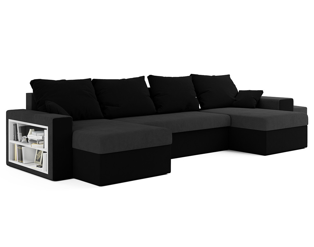 Canapé panoramique en U 7 places convertible avec coffre et tablette en tissu Jonah