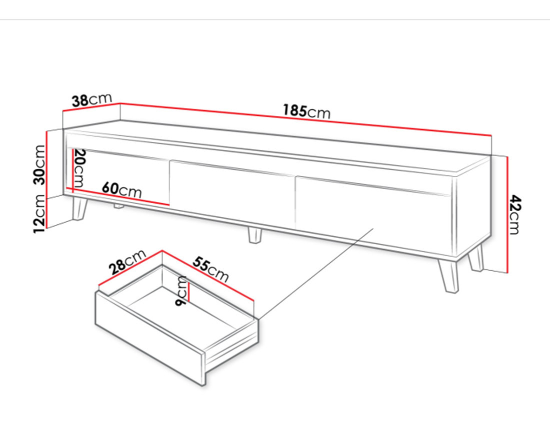 Lord – Meuble TV de style industriel avec trois armoires de rangement (185x42x38 cm)