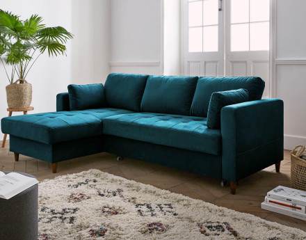 Canapé d'angle gauche 4 places convertible avec coffre en velours Anna