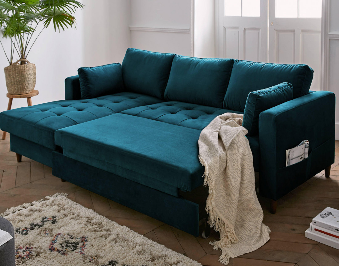 Canapé d'angle gauche 4 places convertible avec coffre en velours Anna