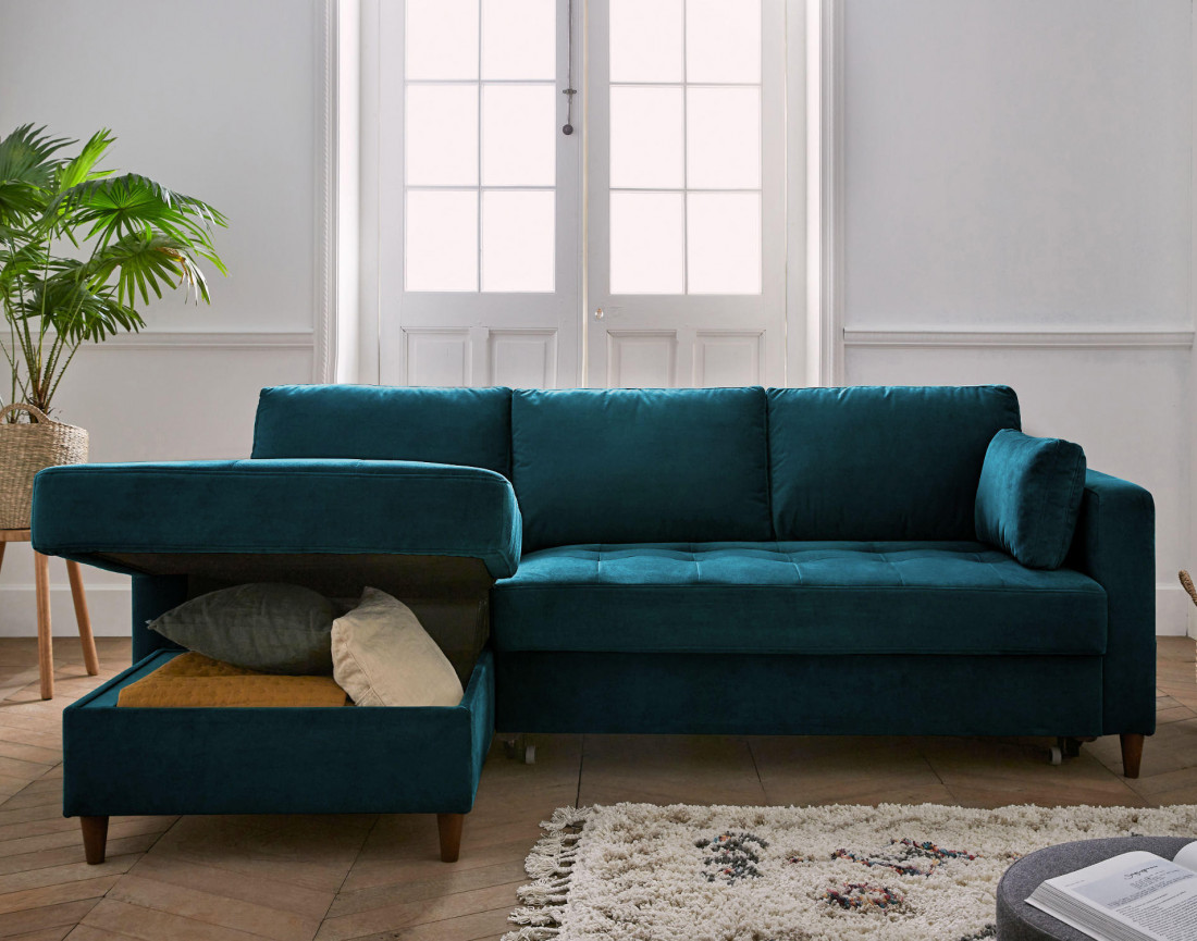 Canapé d'angle gauche 4 places convertible avec coffre en velours Anna