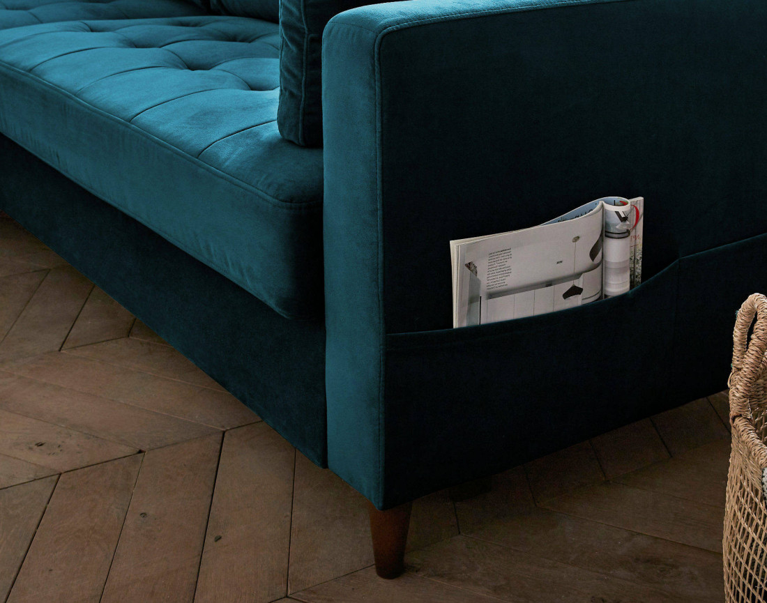 Canapé d'angle gauche 4 places convertible avec coffre en velours Anna