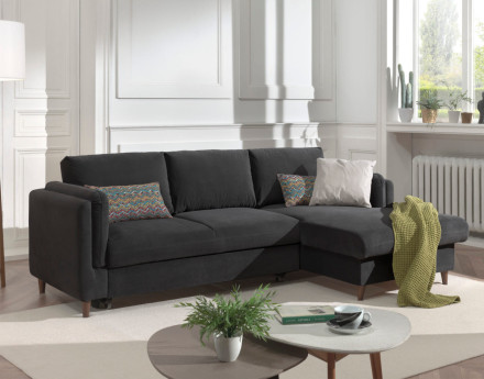 Canapé d'angle droit convertible avec coffre 4 places en velours Brooke