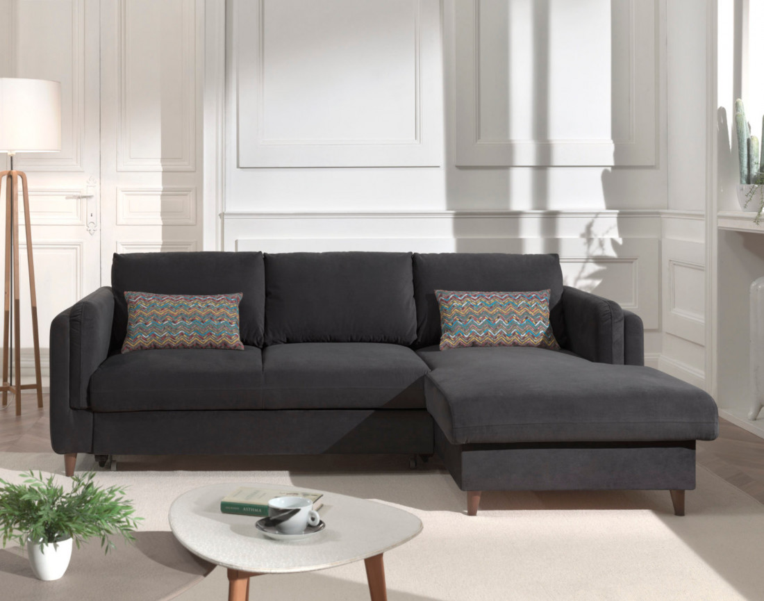 Canapé d'angle droit convertible avec coffre 4 places en velours Brooke