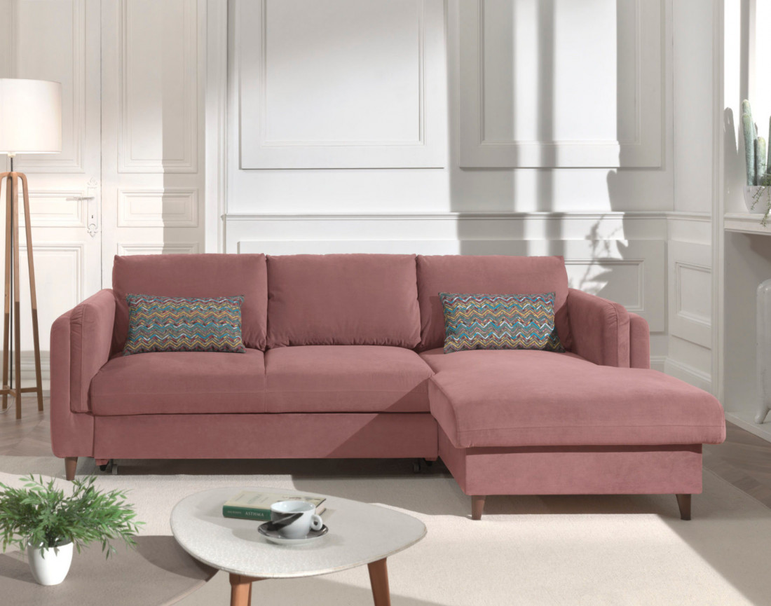 Canapé d'angle droit convertible avec coffre 4 places en velours Brooke