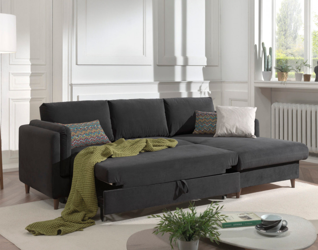 Canapé d'angle droit convertible avec coffre 4 places en velours Brooke