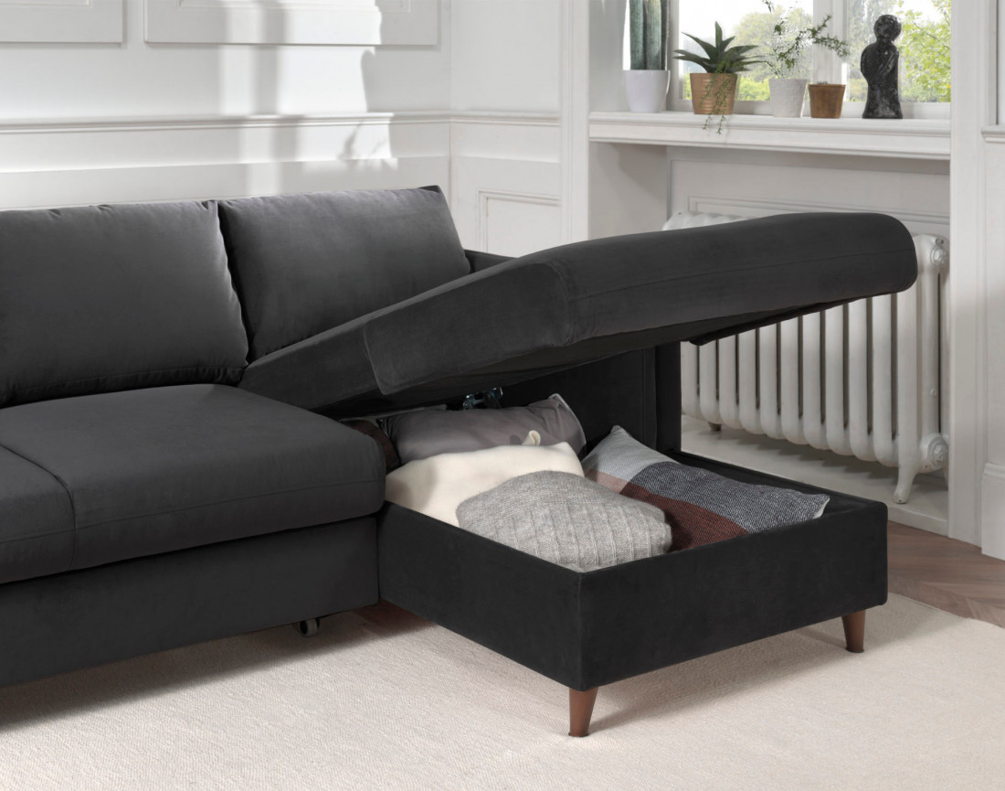 Canapé d'angle droit convertible avec coffre 4 places en velours Brooke