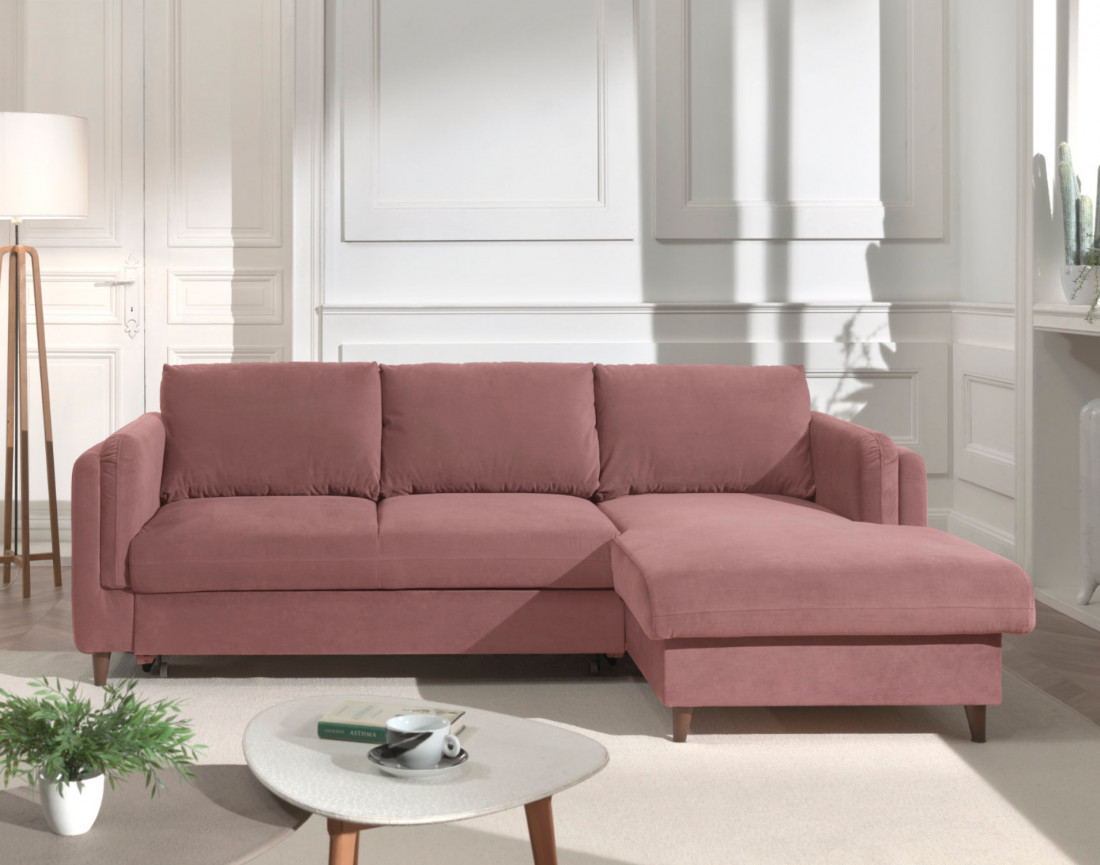 Canapé d'angle droit convertible avec coffre 4 places en velours Brooke