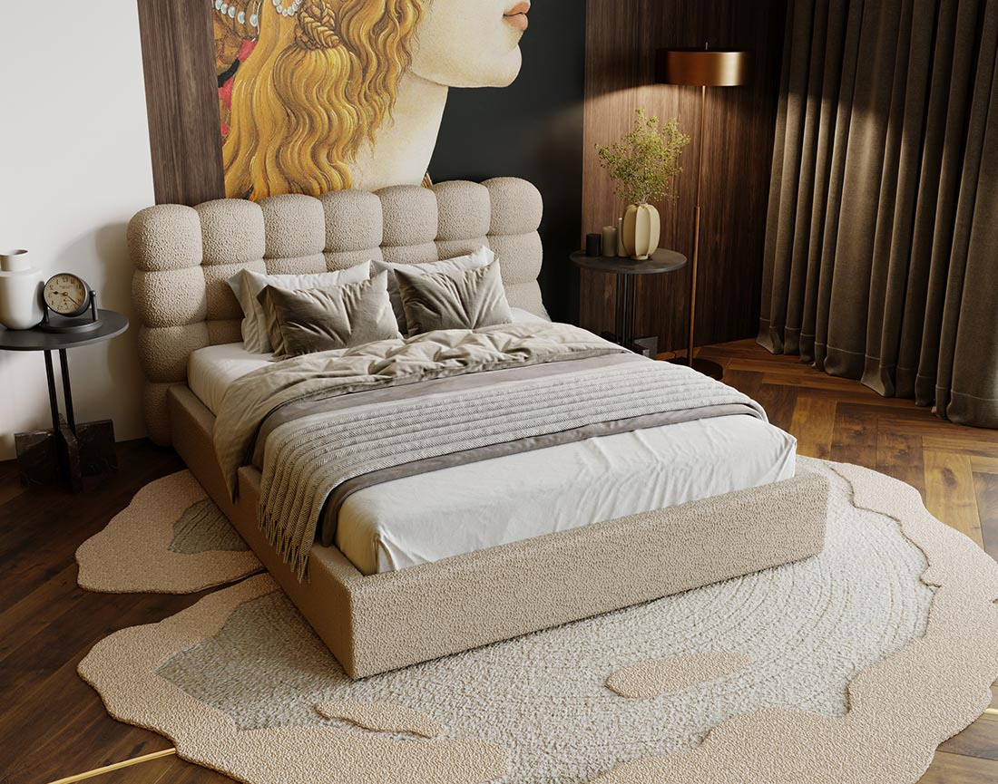 Lit coffre 140x200 cm sommier inclus en tissu bouclette Lotus