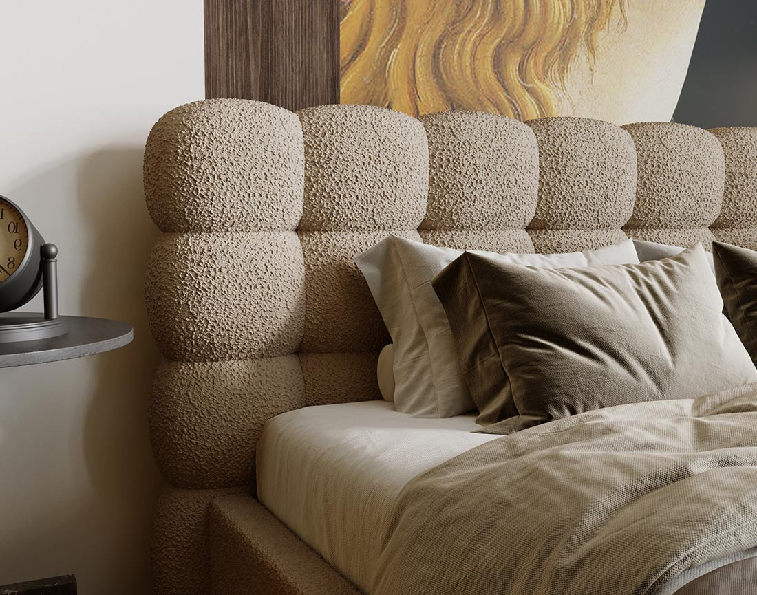 Lit coffre 140x200 cm sommier inclus en tissu bouclette Lotus