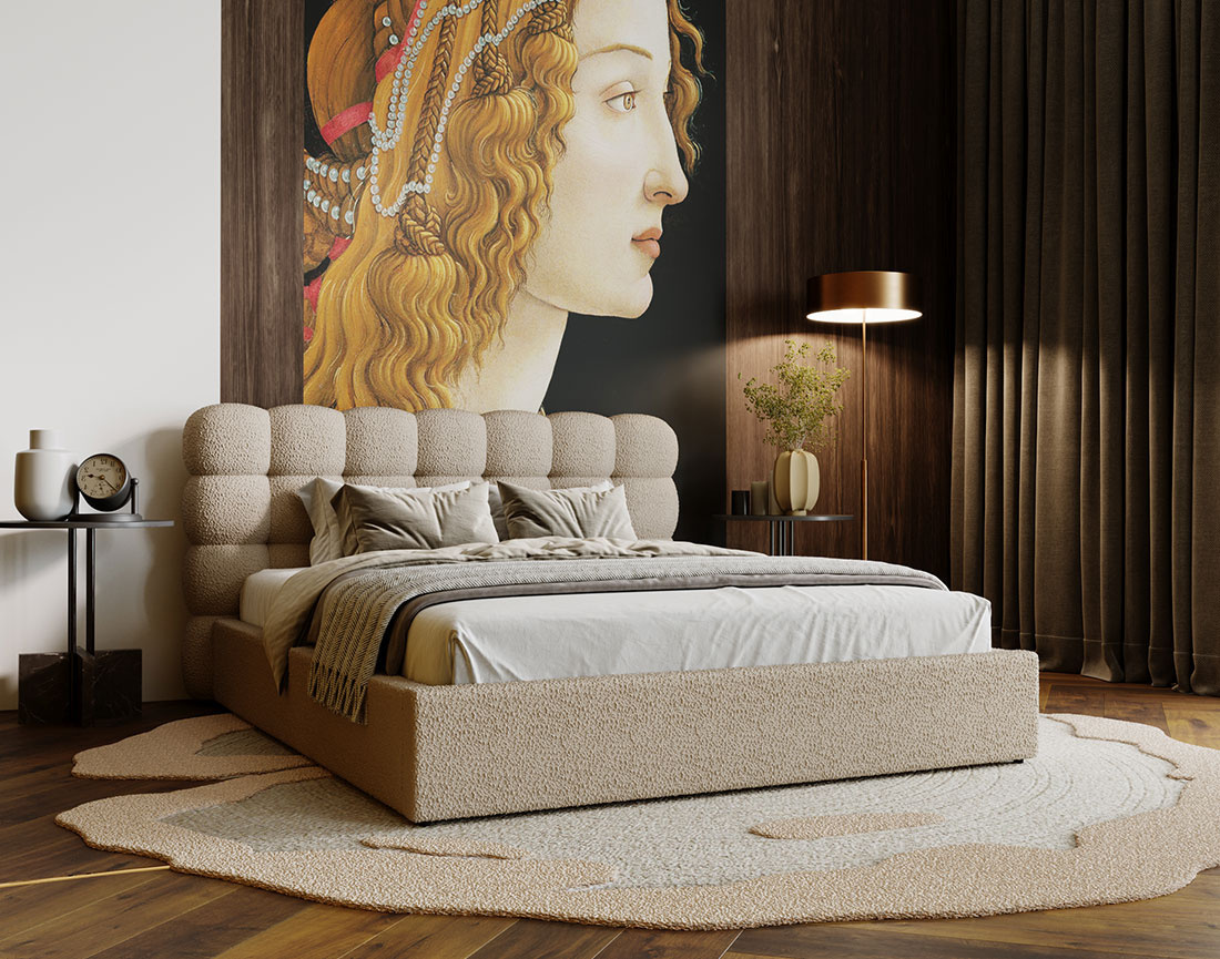 Lit coffre 180x200 cm sommier inclus en tissu bouclette Lotus