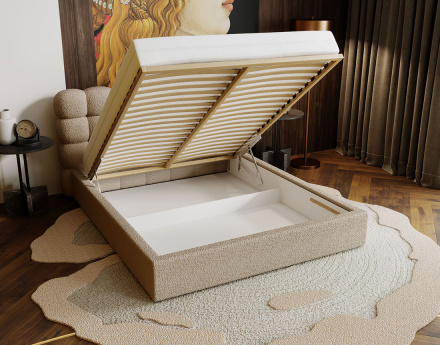 Lit coffre 180x200 cm sommier inclus en tissu bouclette Lotus