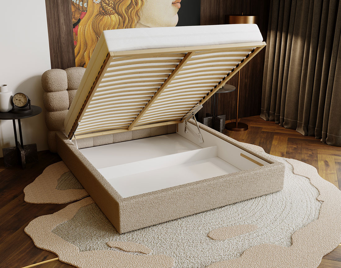 Lit coffre 180x200 cm sommier inclus en tissu bouclette Lotus