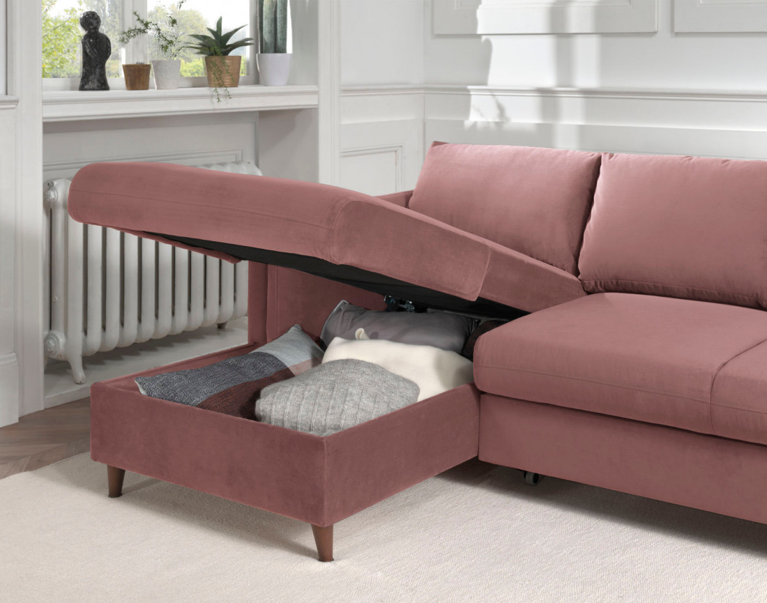 Canapé d'angle gauche convertible avec coffre 4 places en velours Brooke