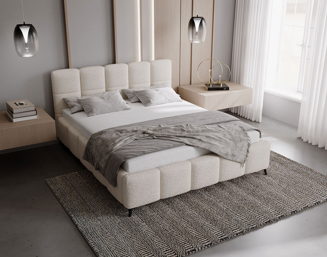 Lit coffre 140x200 cm sommier inclus en tissu bouclette Paulito