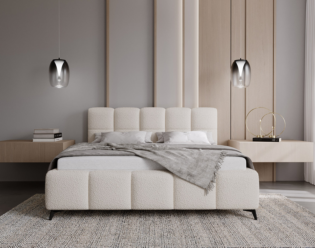 Lit coffre 140x200 cm sommier inclus en tissu bouclette Paulito