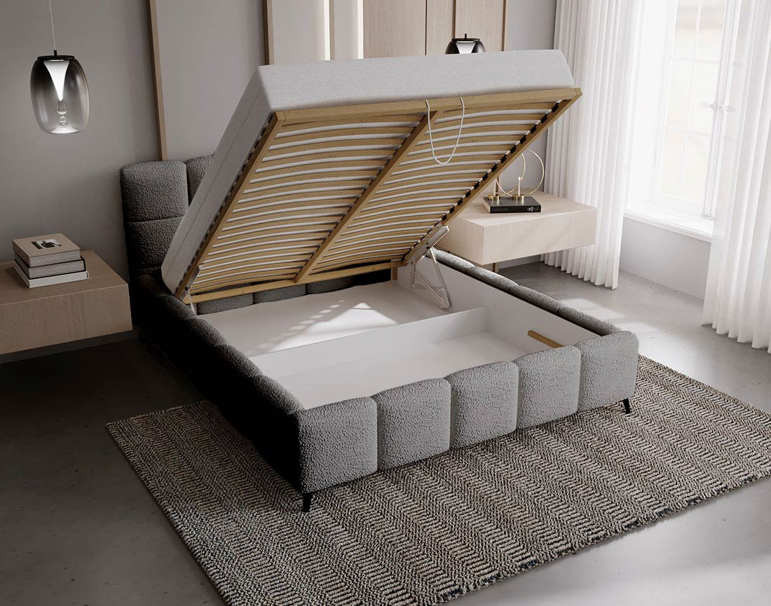 Lit coffre 160x200 cm sommier inclus en tissu bouclette Paulito