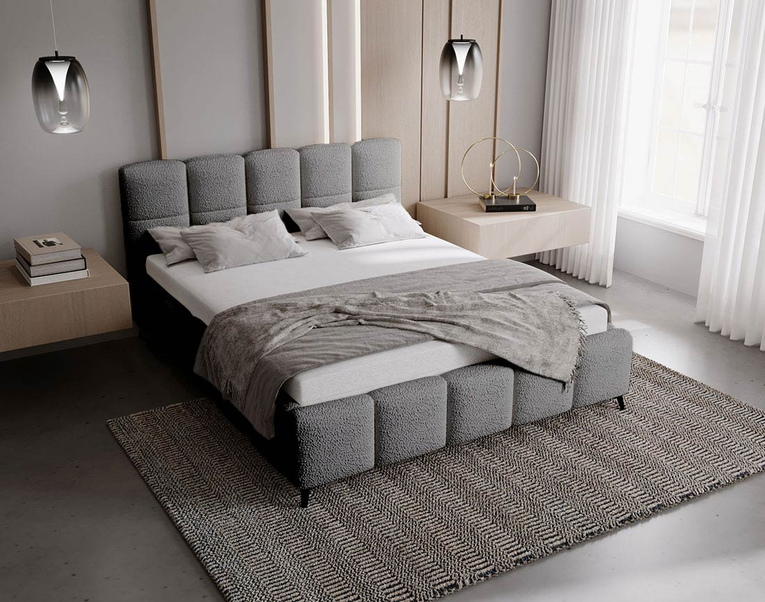 Lit coffre 180x200 cm sommier inclus en tissu bouclette Paulito