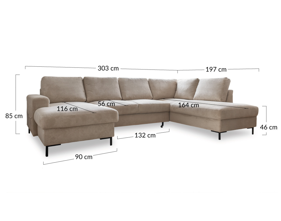 Canapé panoramique d'angle droit 7 places convertible avec coffre en velours côtelé Lilly