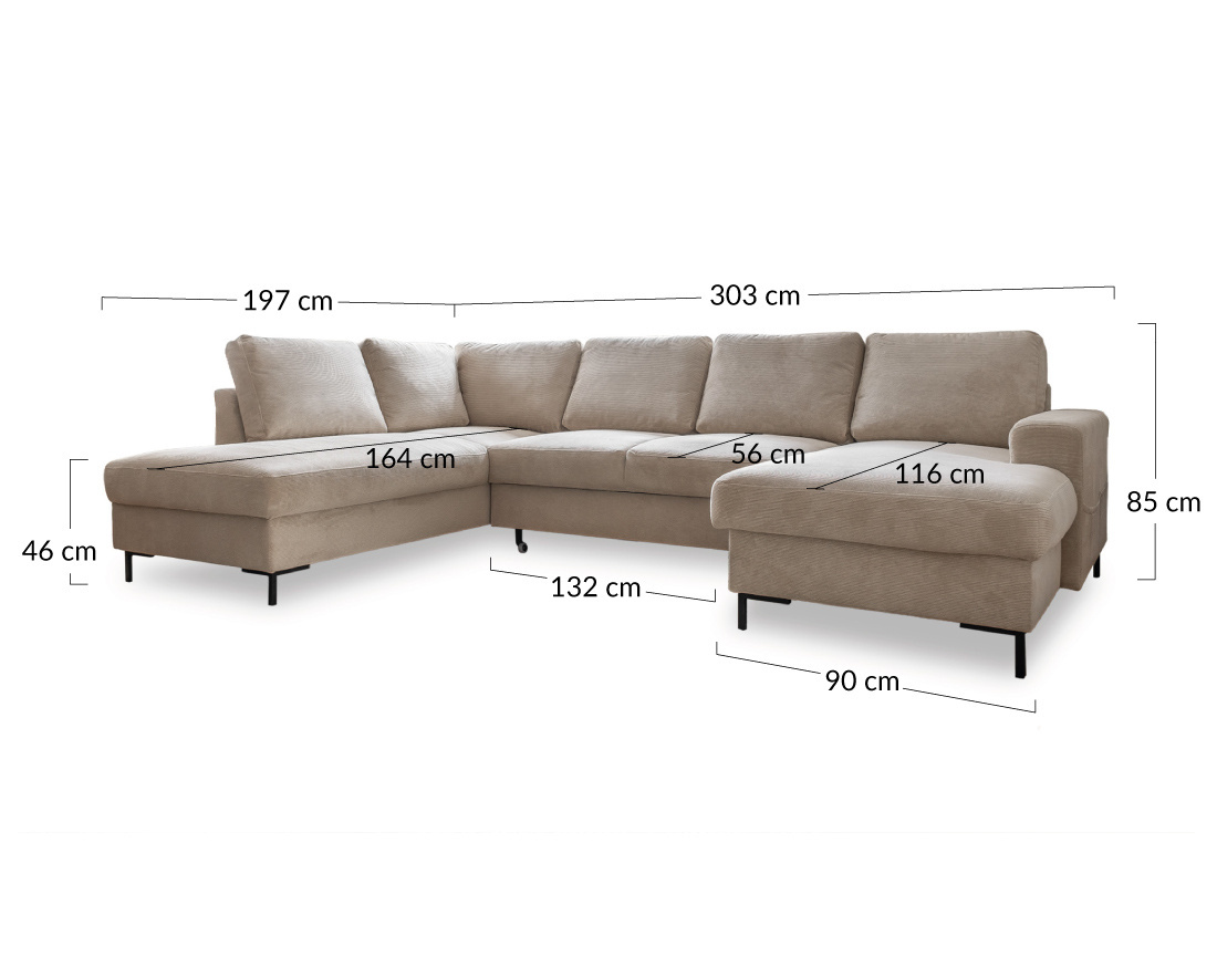 Canapé panoramique d'angle gauche 7 places convertible avec coffre en velours côtelé Lilly