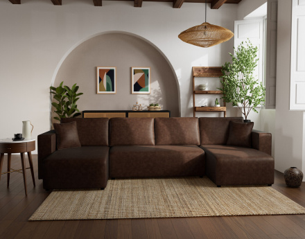 Canapé panoramique en U 7 places convertible avec coffre en simili Topaze