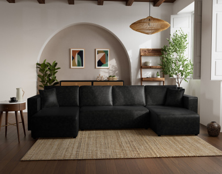 Canapé panoramique en U 7 places convertible avec coffre en simili Topaze