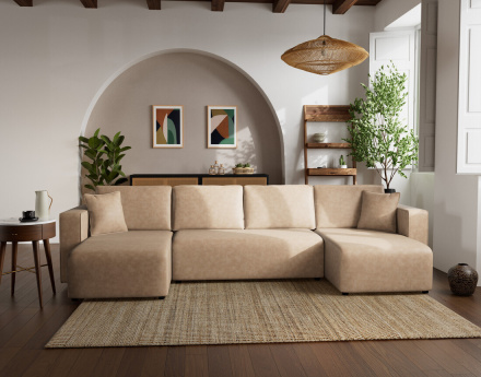 Canapé panoramique en U 7 places convertible avec coffre en simili Topaze