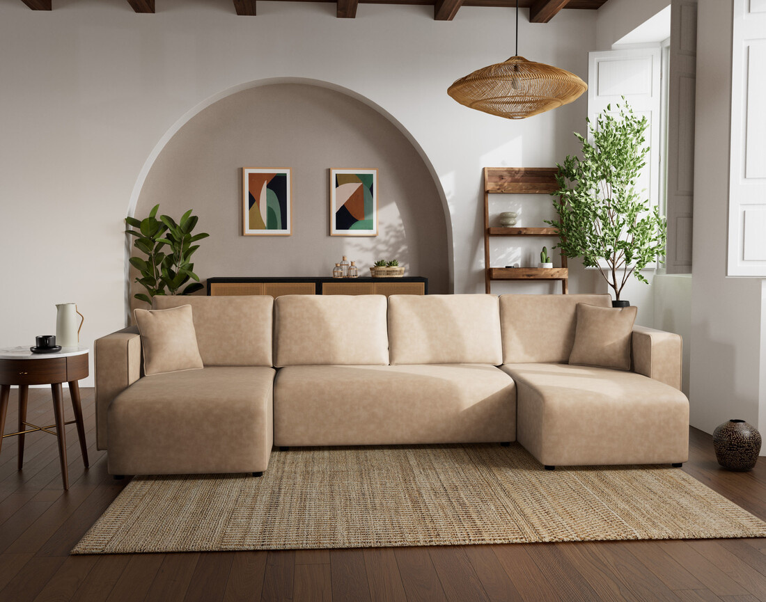 Canapé panoramique en U 7 places convertible avec coffre en simili Topaze