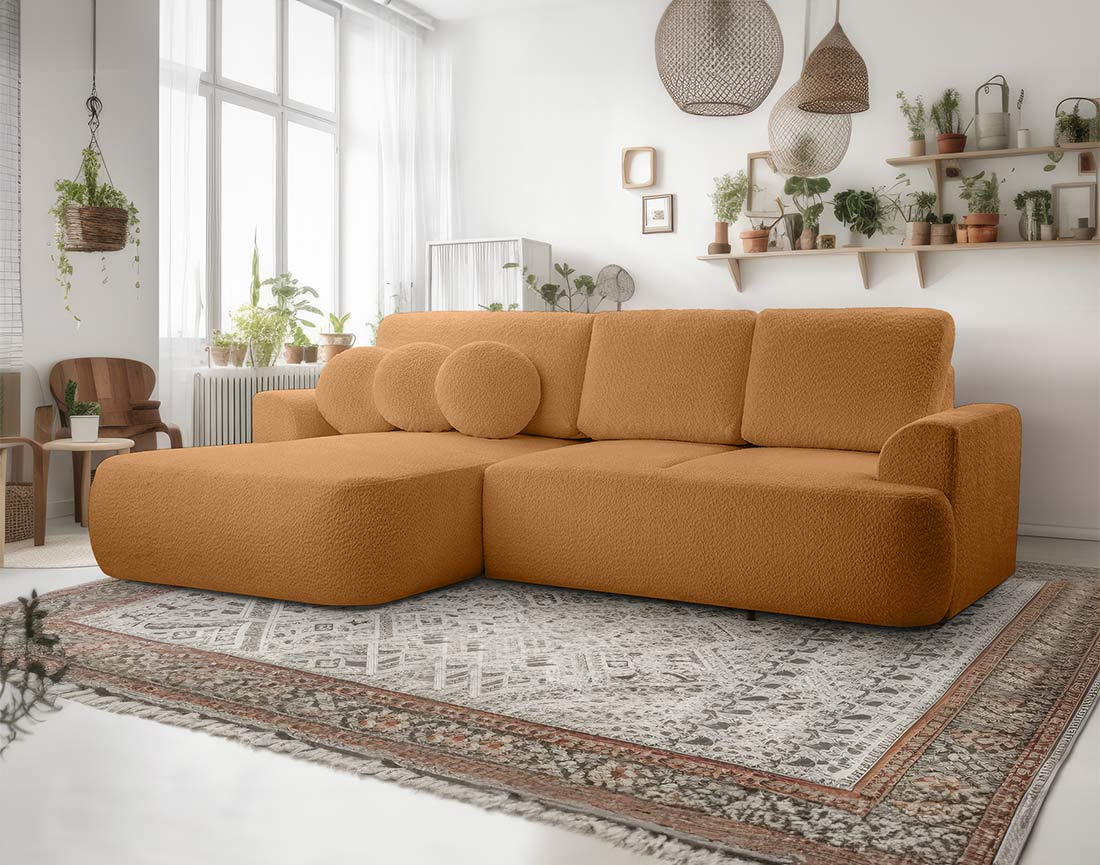 Canapé d'angle gauche 4 places convertible en tissu bouclette Candela