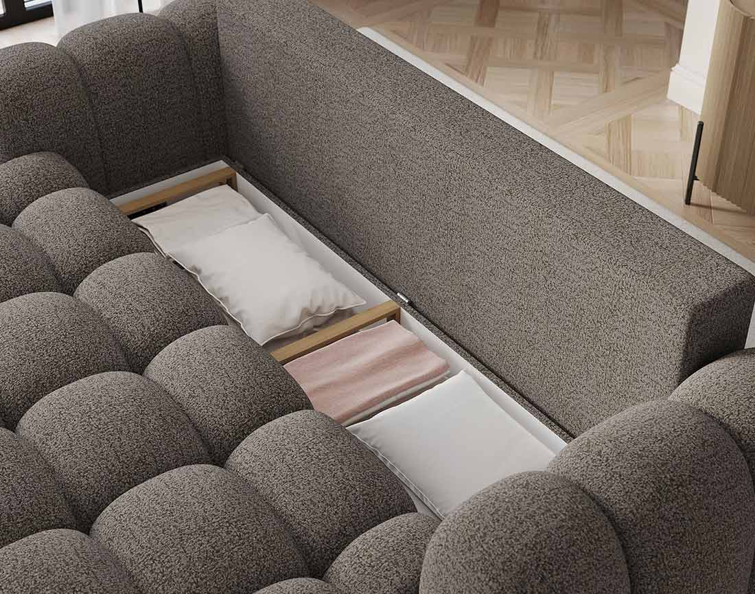 Canapé droit 3 places convertible avec coffre en tissu bouclette Dorian