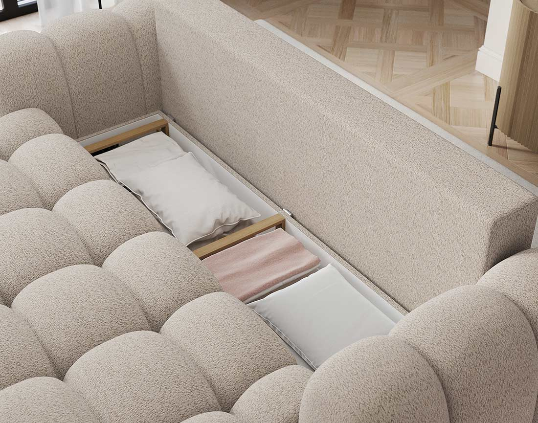 Canapé droit 3 places convertible avec coffre en tissu bouclette Dorian