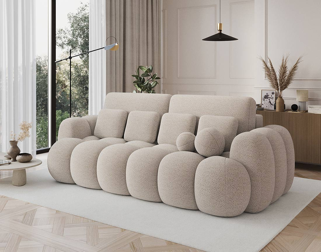 Canapé droit 3 places convertible avec coffre en tissu bouclette Dorian