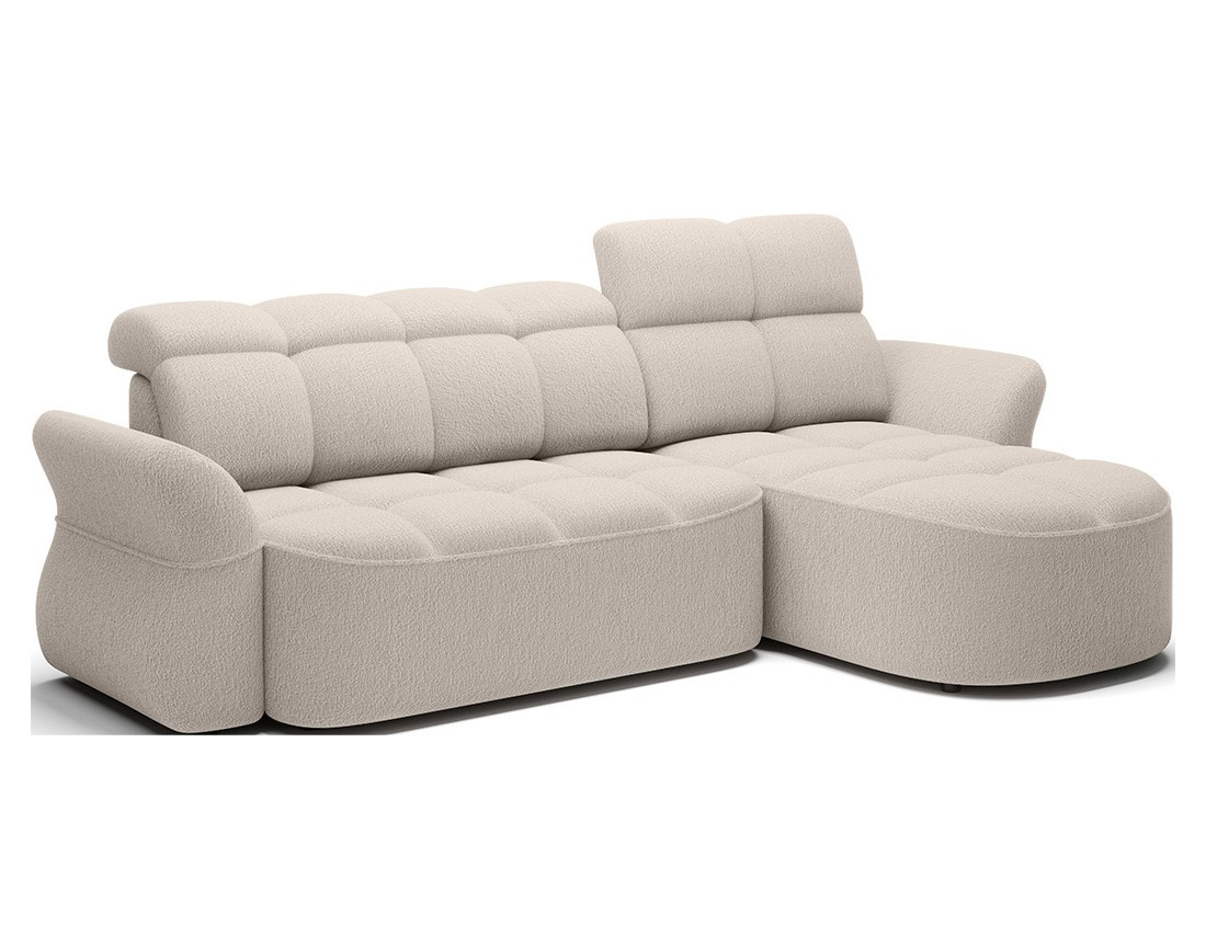 Canapé d'angle droit 4 places convertible électrique avec coffre et têtières réglables en tissu bouclette Brume