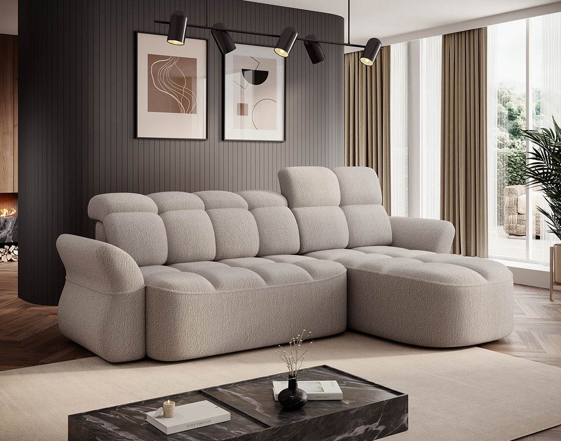 Canapé d'angle droit 4 places convertible électrique avec coffre et têtières réglables en tissu bouclette Brume
